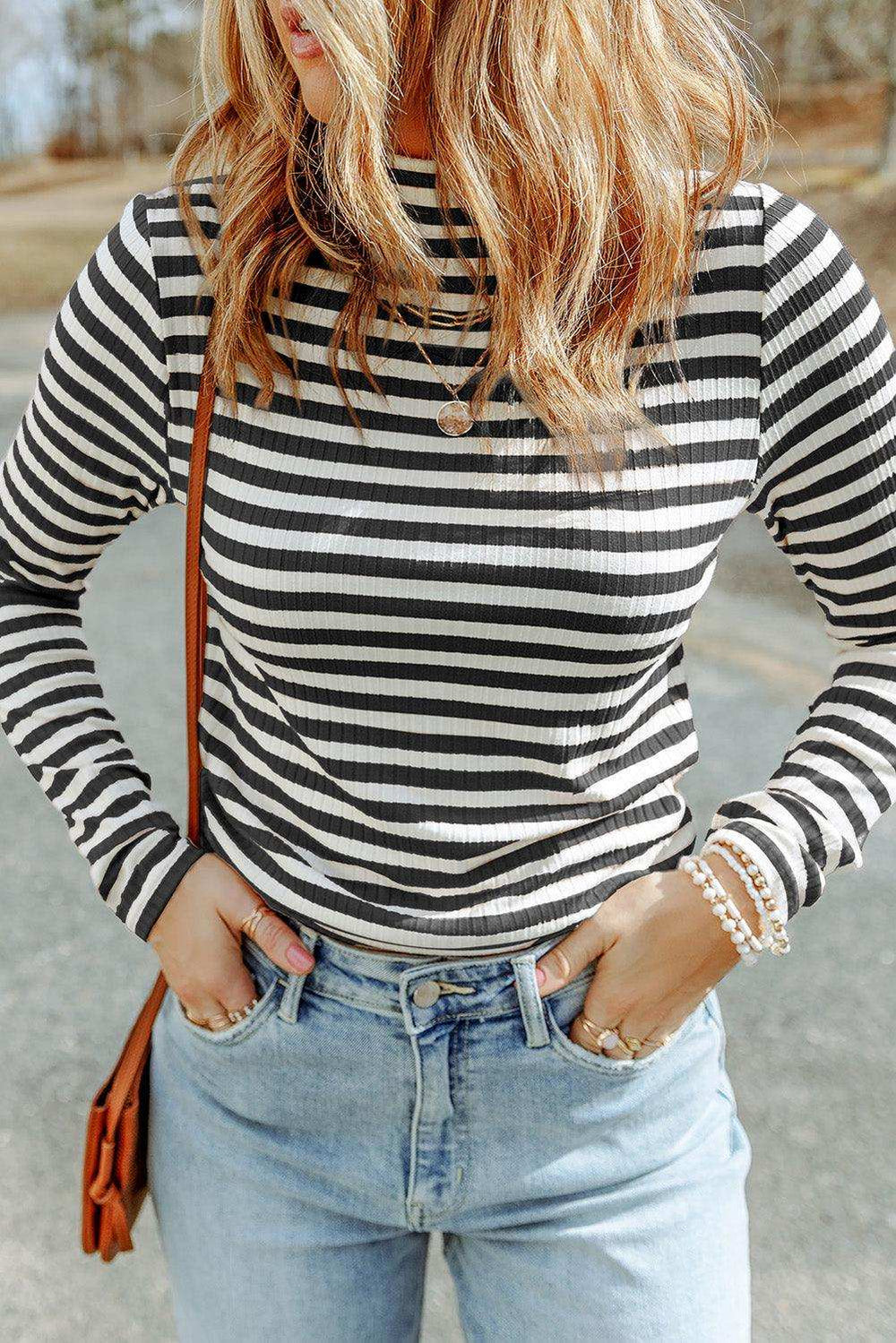 Striped Mock Neck Long Sleeve Top - Trendsi - Flyclothing LLC