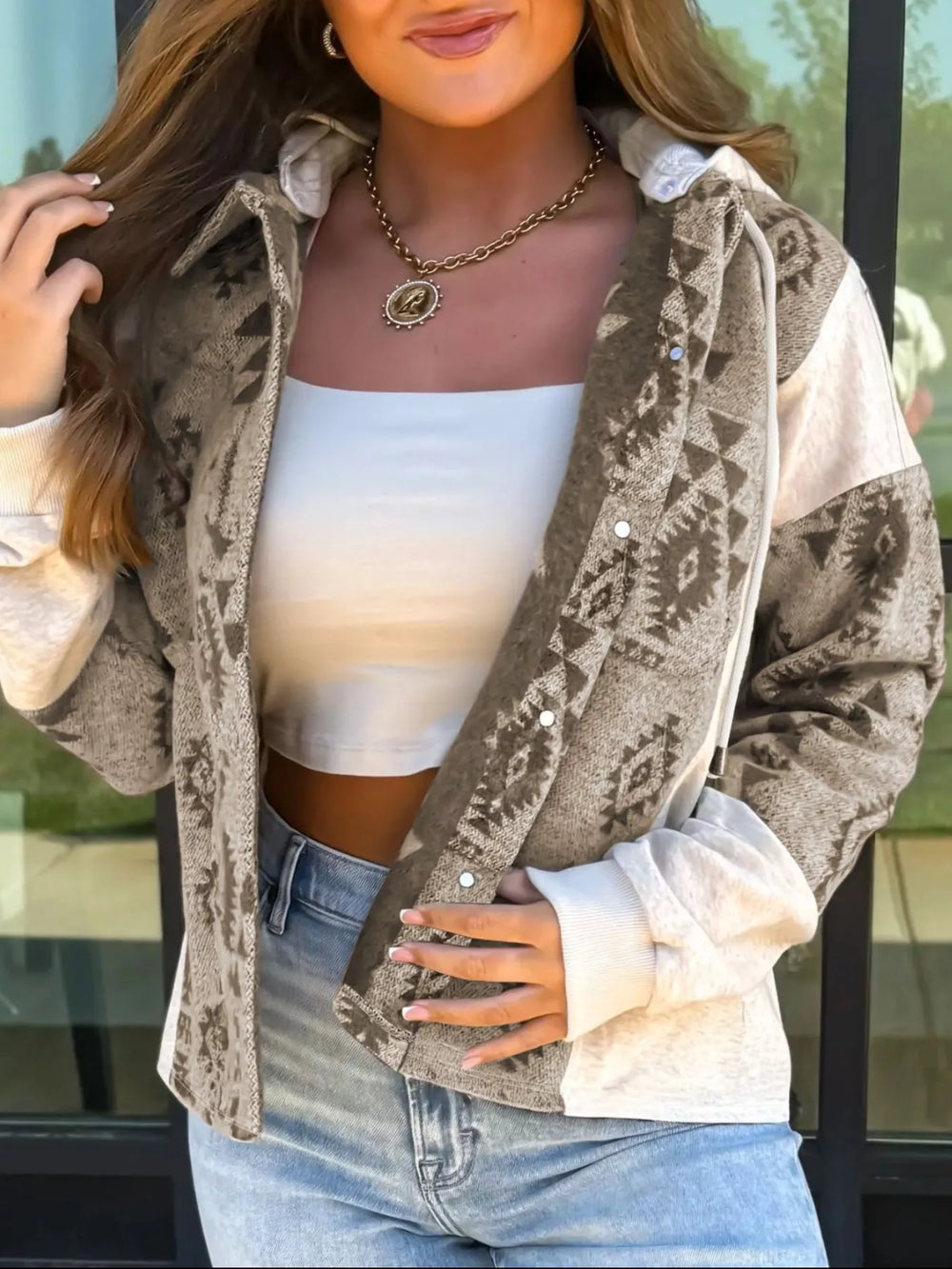 Western Aztec Print Color Block Patchwork Drawstring Hooded Shacket - Trendsi - Flyclothing LLC