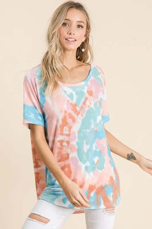BiBi Tie Dye Print Short Sleeve T-Shirt with Raglan Sleeves - Trendsi - Flyclothing LLC