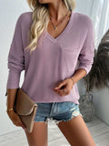 Double Take Pocketed Textured V-Neck Long Sleeve T-Shirt - Trendsi - Flyclothing LLC