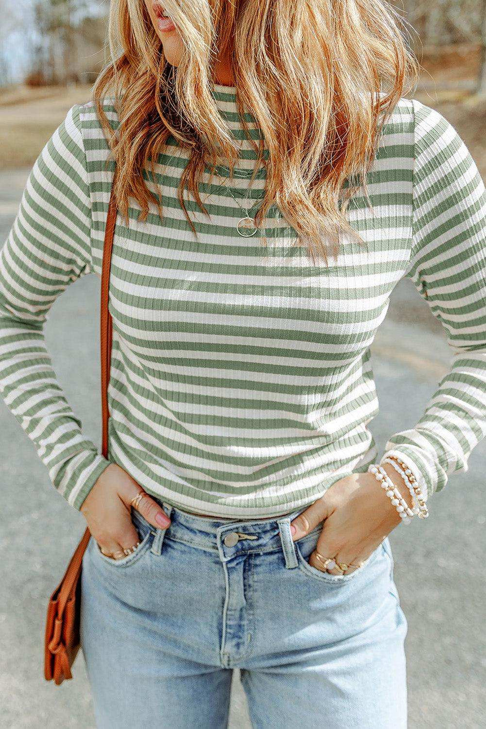 Striped Mock Neck Long Sleeve Top - Trendsi - Flyclothing LLC