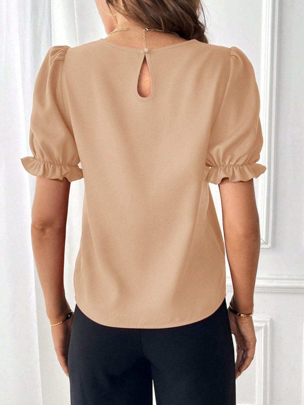 Round Neck Flounce Sleeve Blouse - Trendsi - Flyclothing LLC