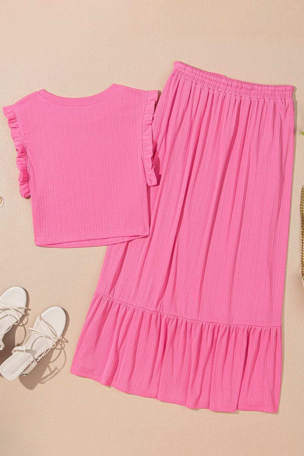 Ruffle Trim Round Neck Top and Drawstring Skirt Set - Trendsi - Flyclothing LLC