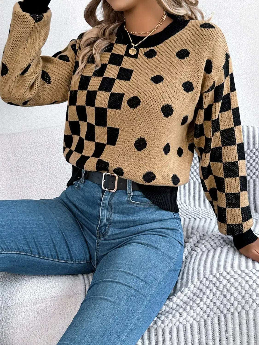 Plaid Round Neck Long Sleeve Sweater - Trendsi - Flyclothing LLC
