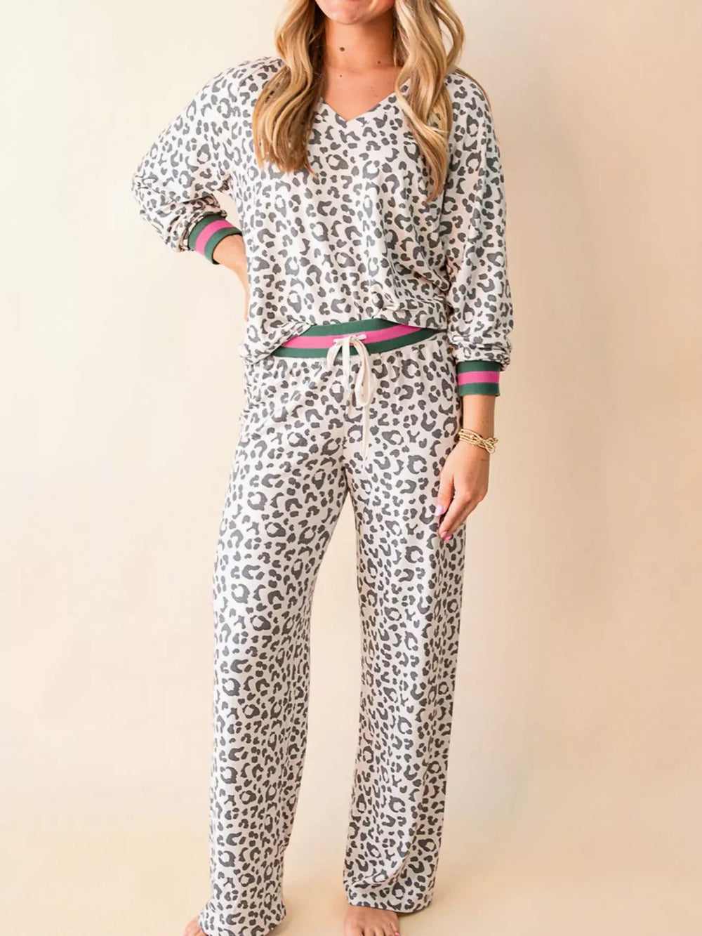 V Neck Leopard Long Sleeve Top Striped Webbing Patchwork Drawstring Pant Set - Trendsi - Flyclothing LLC
