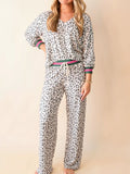 V Neck Leopard Long Sleeve Top Striped Webbing Patchwork Drawstring Pant Set - Trendsi - Flyclothing LLC
