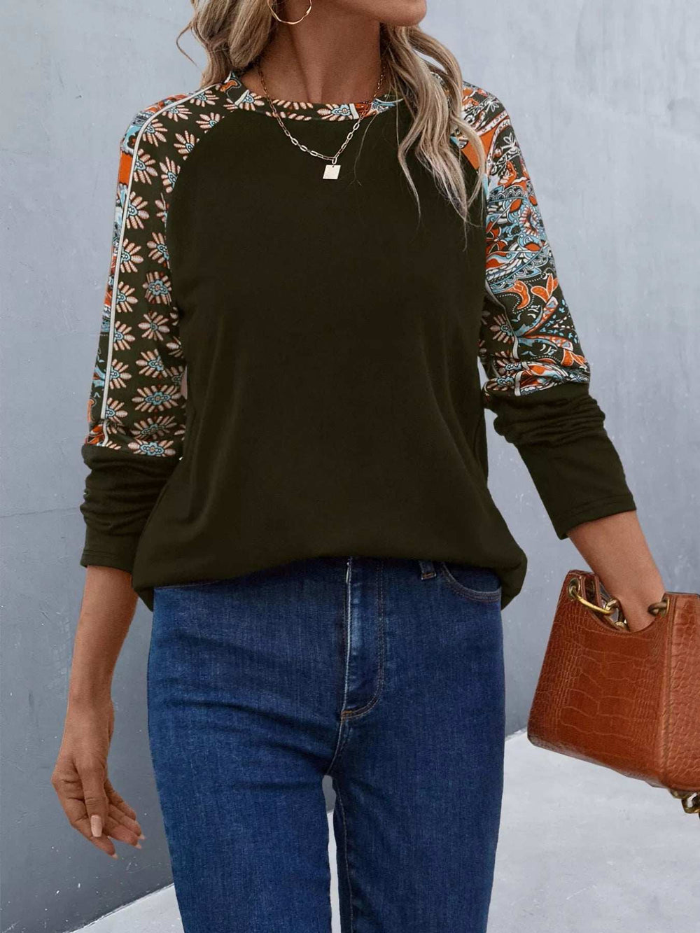 Printed Raglan Sleeve Round Neck T-Shirt - Trendsi - Flyclothing LLC