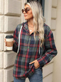 Drawstring Plaid Hooded Long Sleeve Top - Trendsi - Flyclothing LLC
