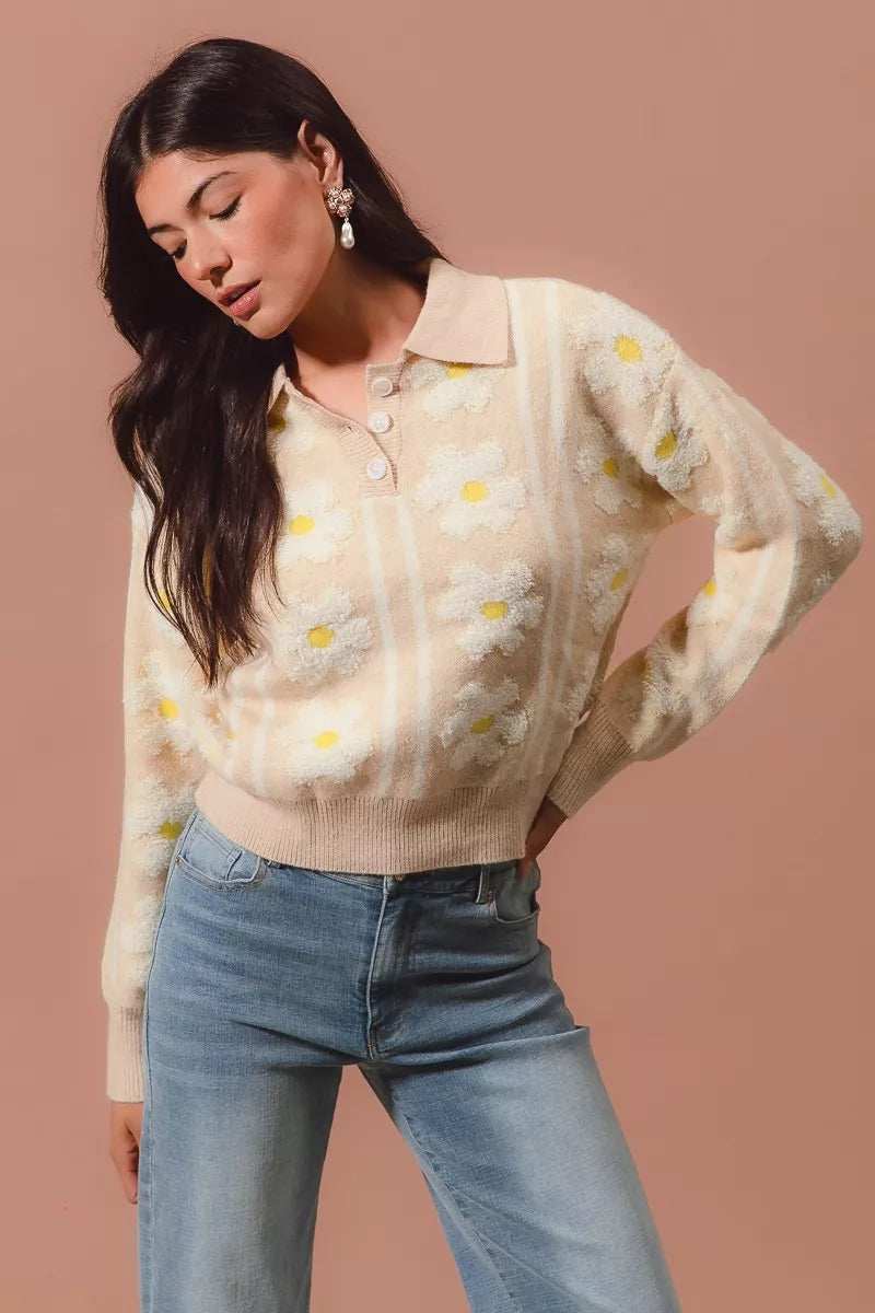 SO ME Floral Stripe Polo Collar Sweater - Trendsi - Flyclothing LLC