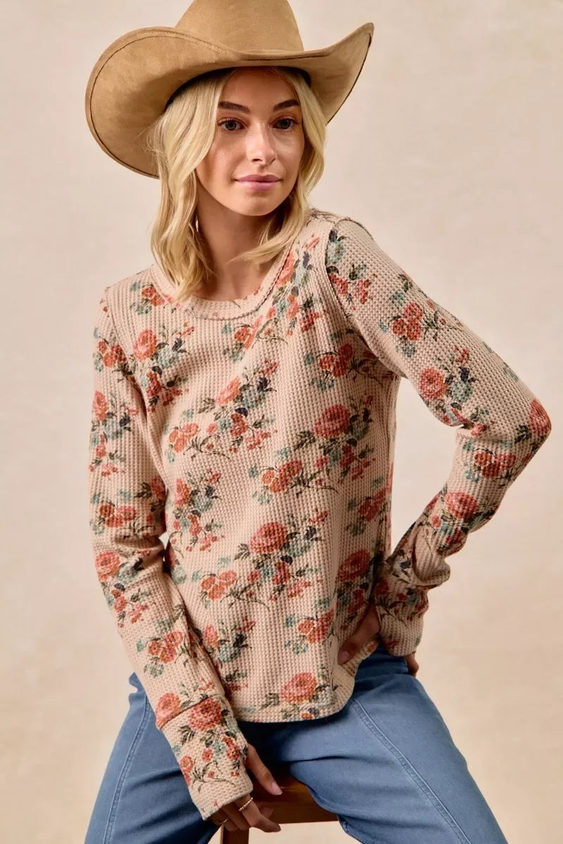BiBi Floral Print Washed Waffle Thermal Top with Thumb - Trendsi - Flyclothing LLC