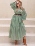 Plus Size Tassel Printed Tie Neck Long Sleeve Midi Dress - Trendsi - Flyclothing LLC