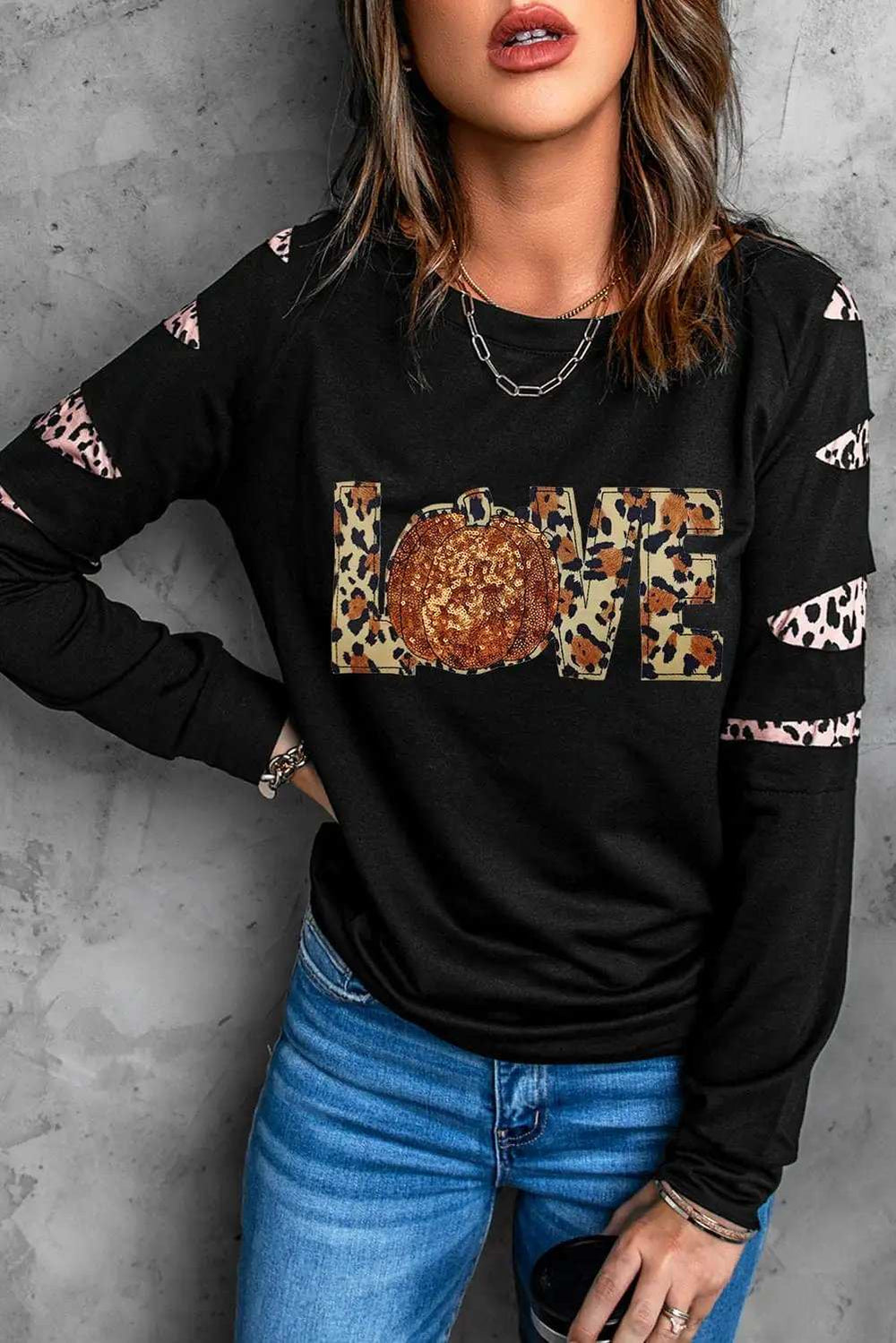Sequin Leopard Long Sleeve Sweatshirt - Trendsi - Flyclothing LLC