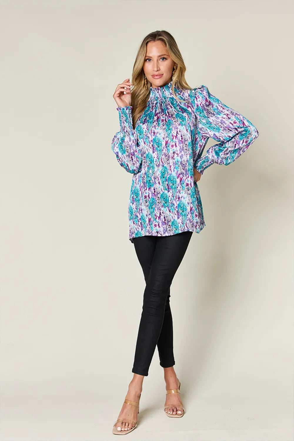 Double Take Full Size Printed Smocked Long Sleeve Blouse - Trendsi - Flyclothing LLC