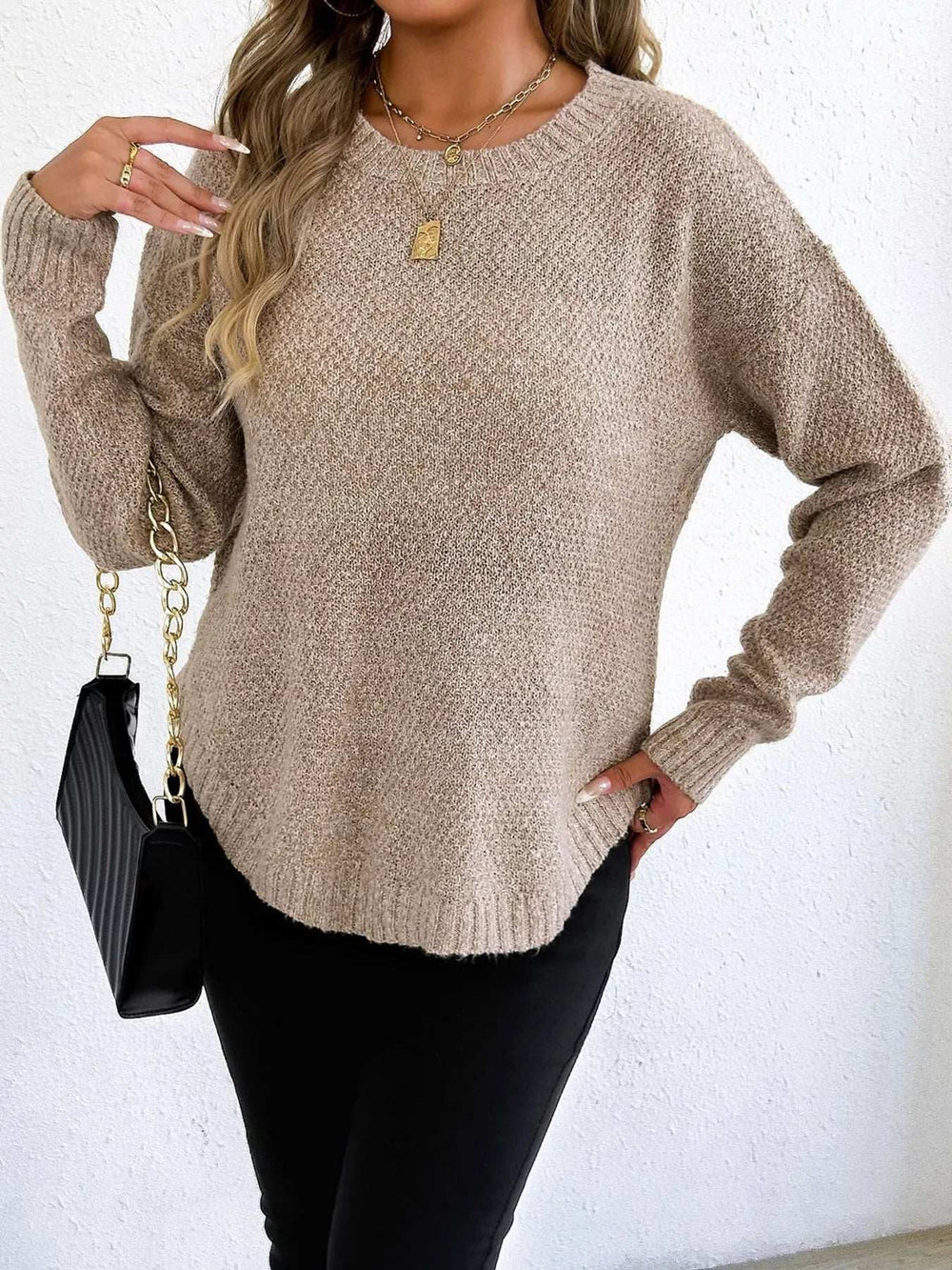 Textured Knit Relaxed Fit Round Neck Sweater - Trendsi - Flyclothing LLC