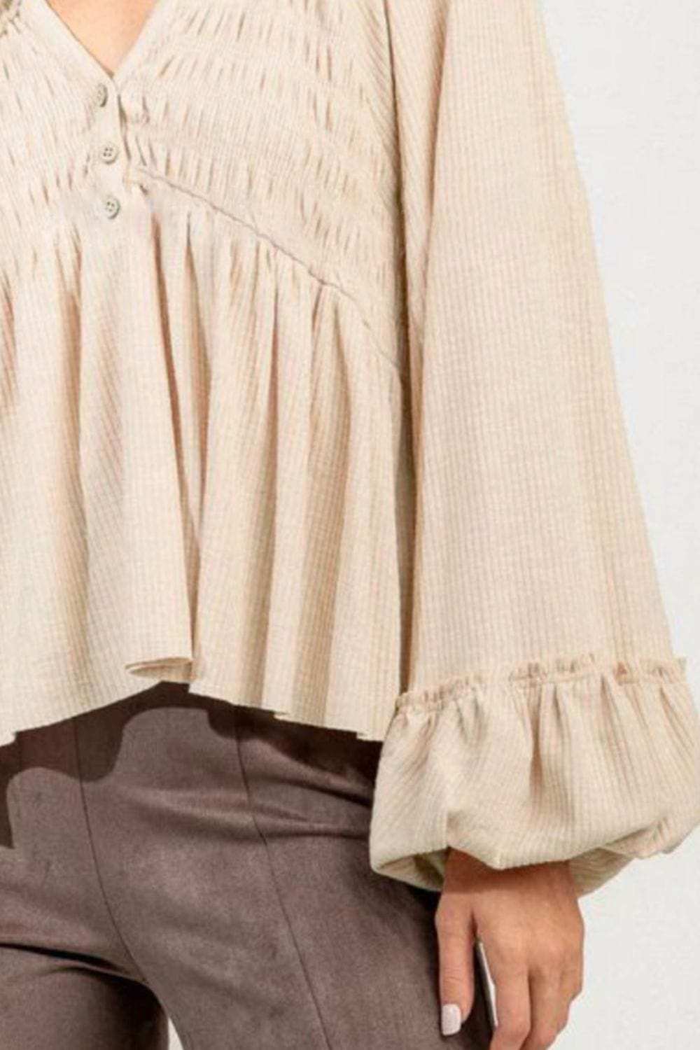 Notched Balloon Sleeve Peplum Blouse - Trendsi - Flyclothing LLC