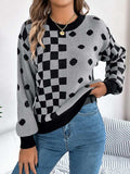 Plaid Round Neck Long Sleeve Sweater - Trendsi - Flyclothing LLC