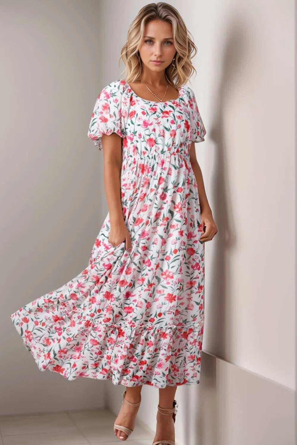 Floral Short Puff Sleeve Tiered Dress - Trendsi - Flyclothing LLC