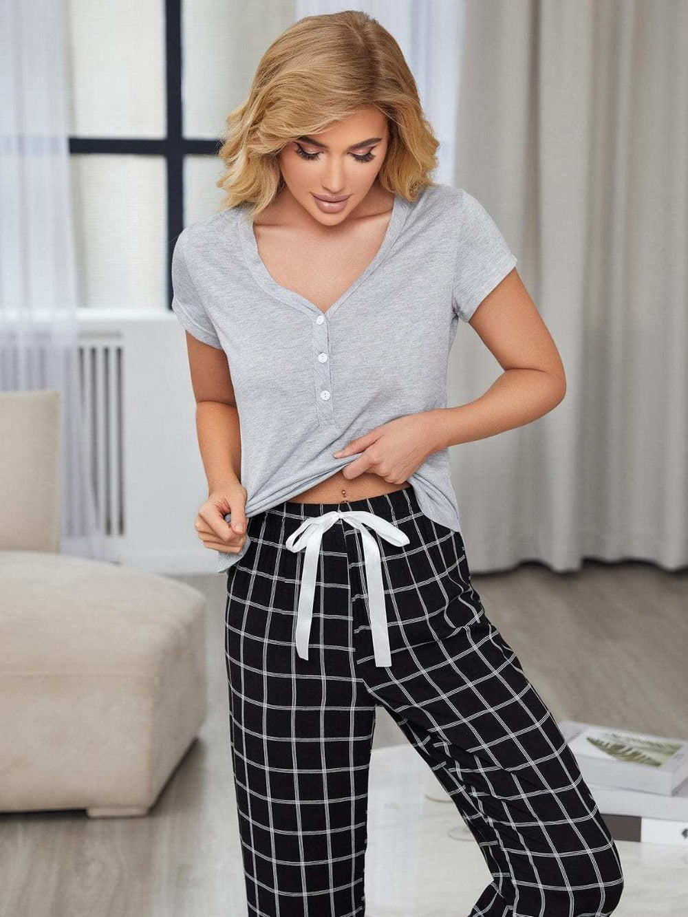 V-Neck Short Sleeve Top and Shorts Lounge Set - Trendsi - Flyclothing LLC