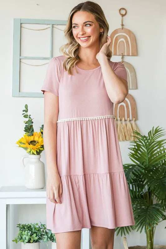 Heimish Full Size Solid Mini Tiered Dress with Pompom Lace Plus Size - Trendsi - Flyclothing LLC