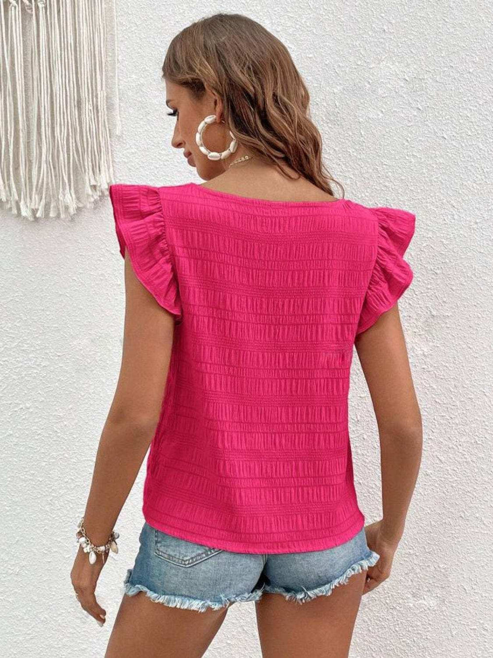 Ruffled Square Neck Cap Sleeve Blouse - Trendsi - Flyclothing LLC
