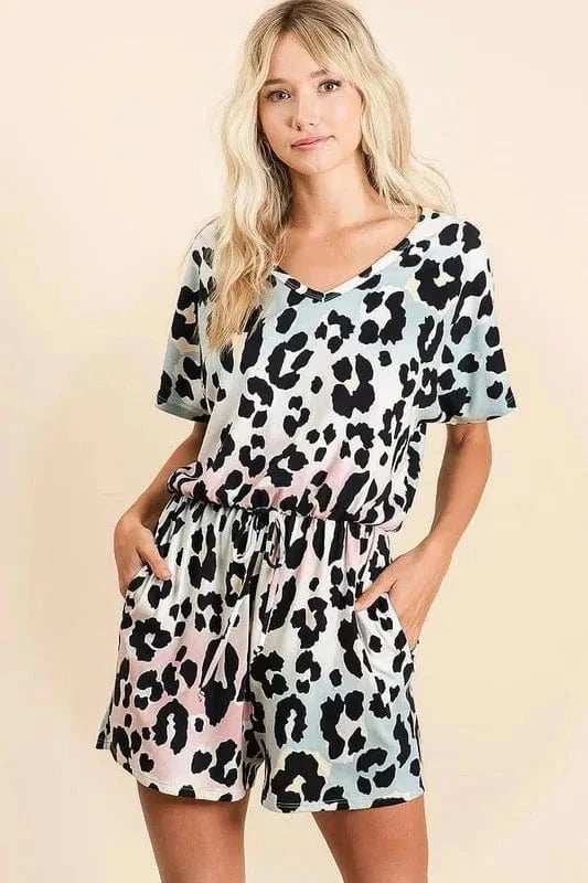 BiBi Gradation Leopard Soft Knit V-neck Romper - Trendsi - Flyclothing LLC