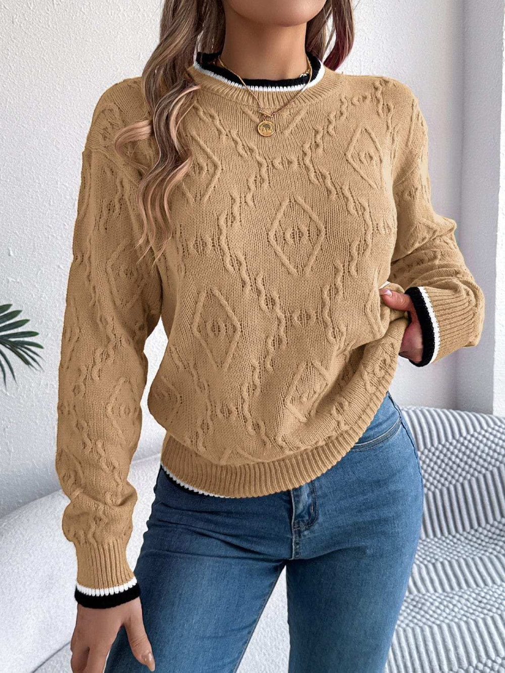 Contrast Trim Round Neck Long Sleeve Sweater - Trendsi - Flyclothing LLC