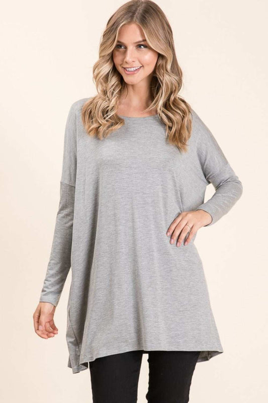 BOMBOM Round Neck Long Sleeve Oversized Top - Trendsi - Flyclothing LLC