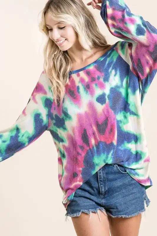BiBi Tie Dye Print Terry Top with Puff Sleeves - Trendsi - Flyclothing LLC