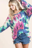 BiBi Tie Dye Print Terry Top with Puff Sleeves - Trendsi - Flyclothing LLC