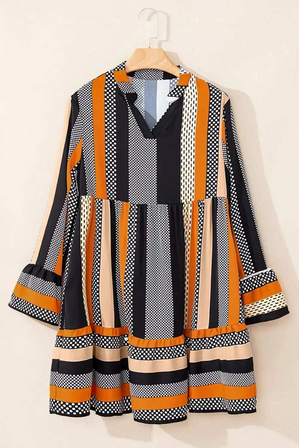 Printed Notched Long Sleeve Mini Dress - Trendsi - Flyclothing LLC