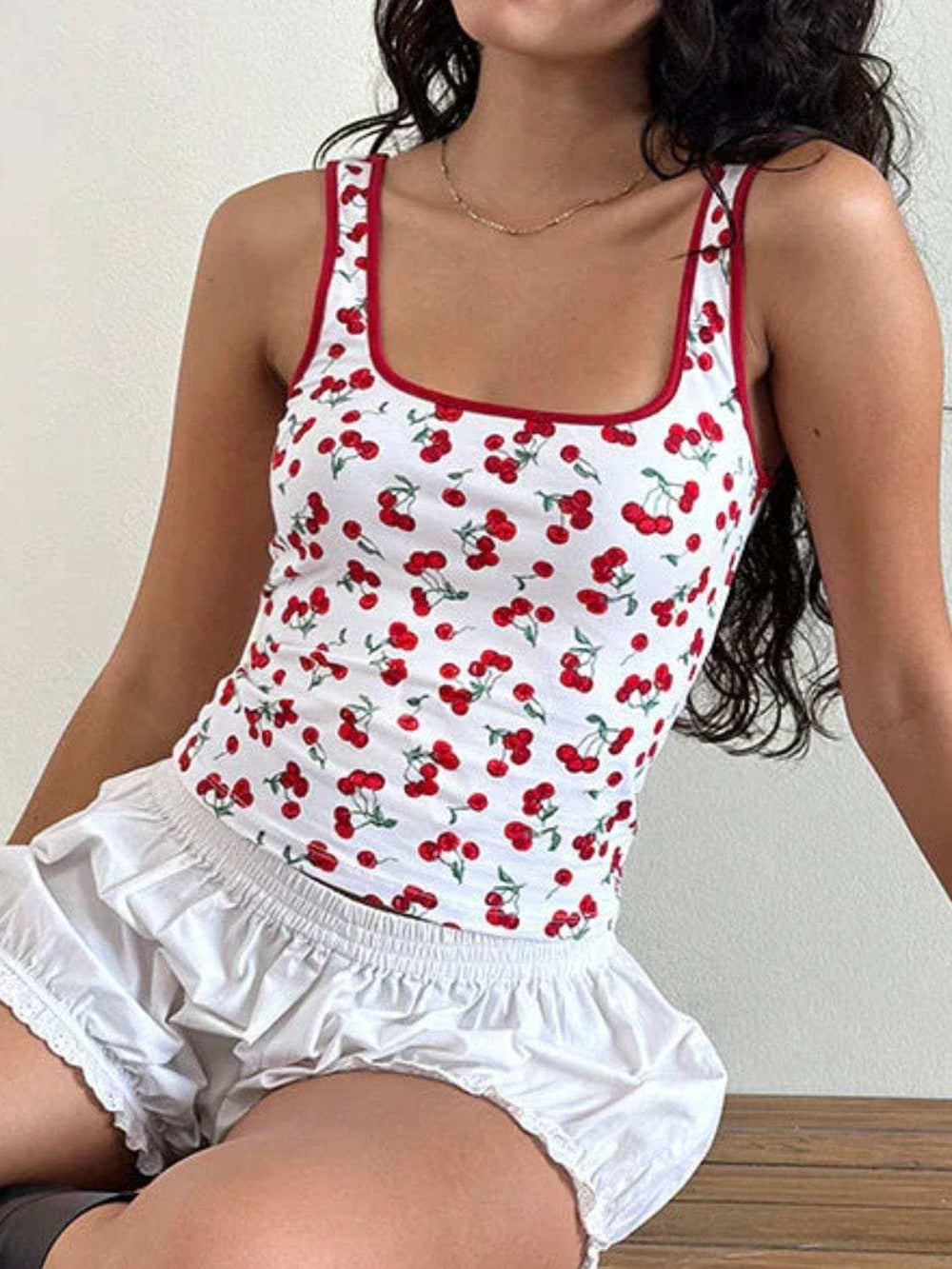 Cherry Print Square Neck Tank - Trendsi - Flyclothing LLC