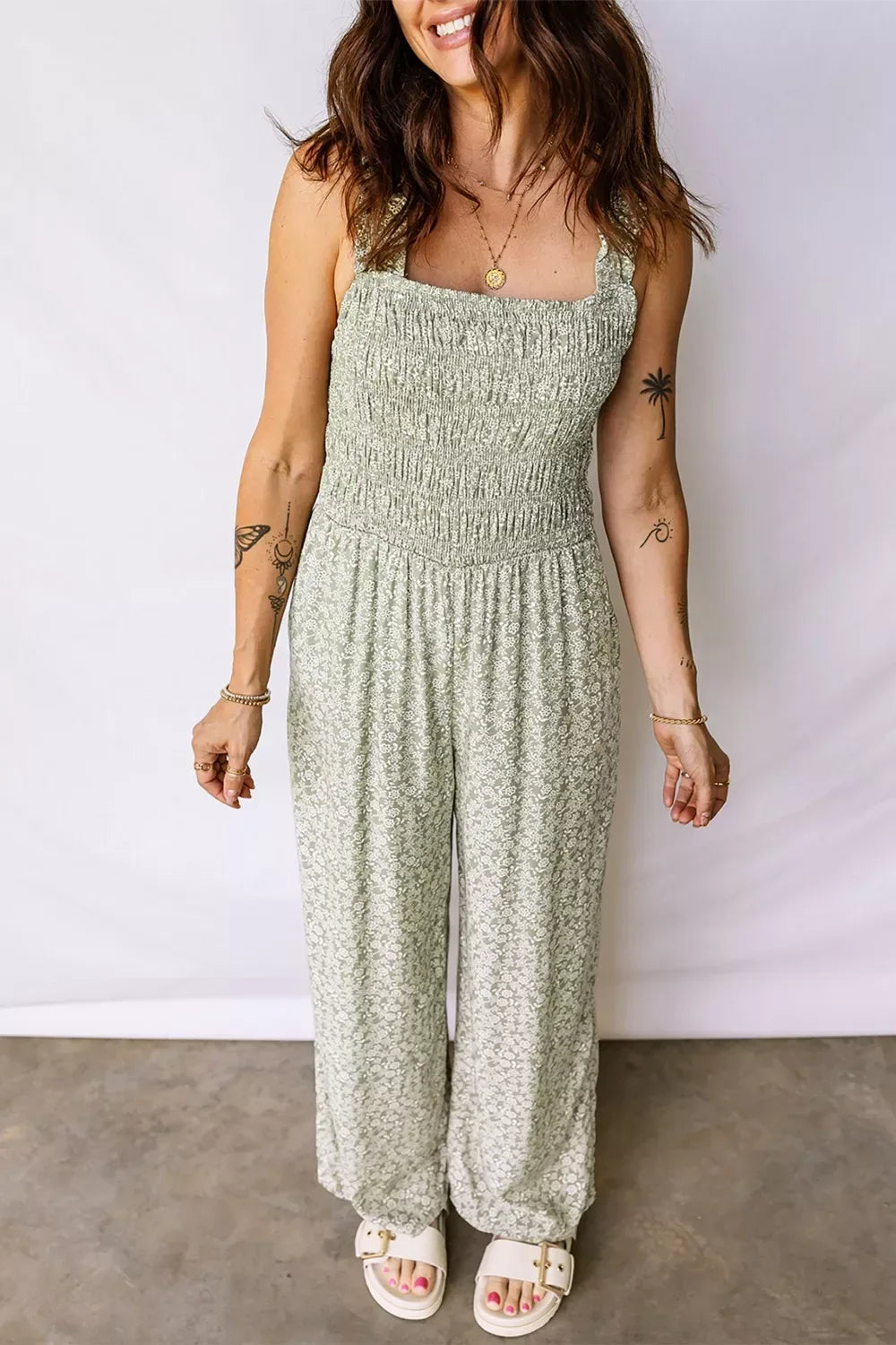 Smocked Bodice Square Neck Sleeveless Floral Jumpsuit - Trendsi - Flyclothing LLC