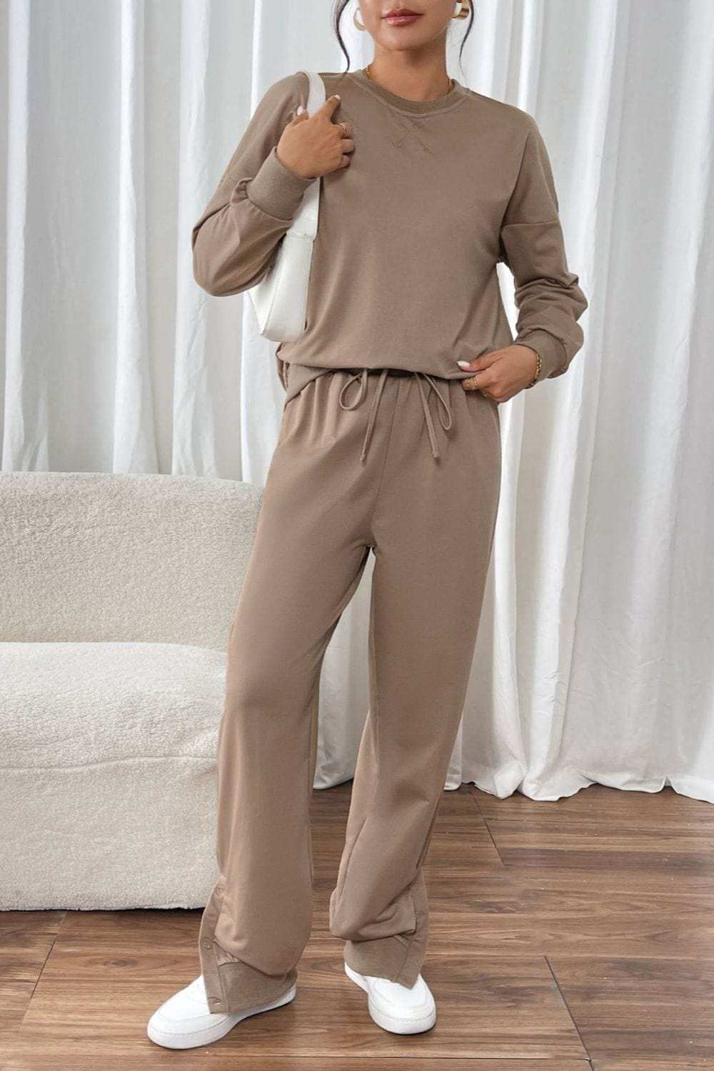 Perfee Round Neck Long Sleeve Top and Pants Set - Trendsi - Flyclothing LLC