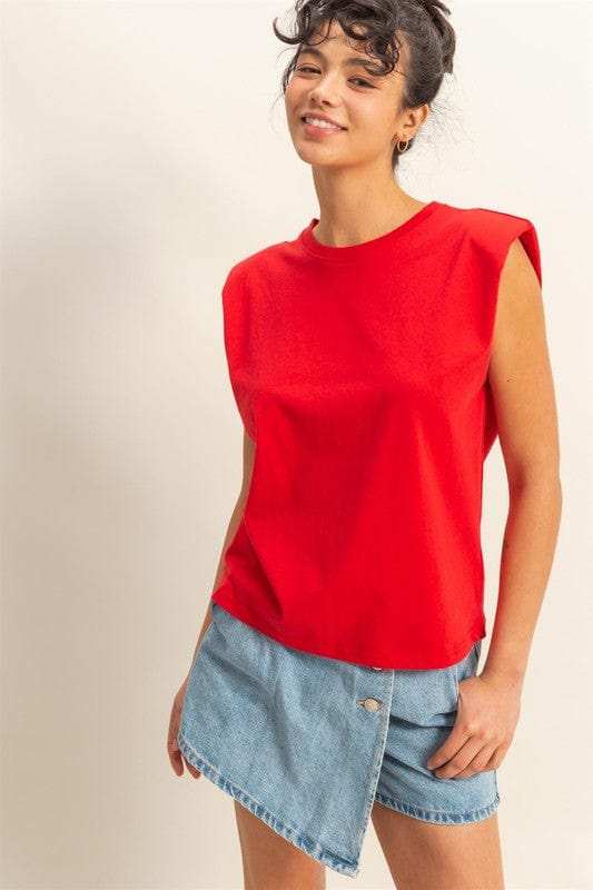 HYFVE Round Neck Shoulder Pad Sleeveless Top - Trendsi - Flyclothing LLC