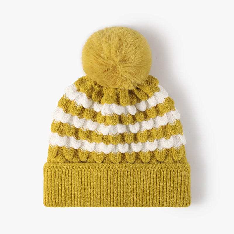 Striped Contrast Knit Hat with Pom-pom - Trendsi - Flyclothing LLC