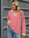 Striped Johnny Collar Long Sleeve Sweatshirt - Trendsi - Flyclothing LLC