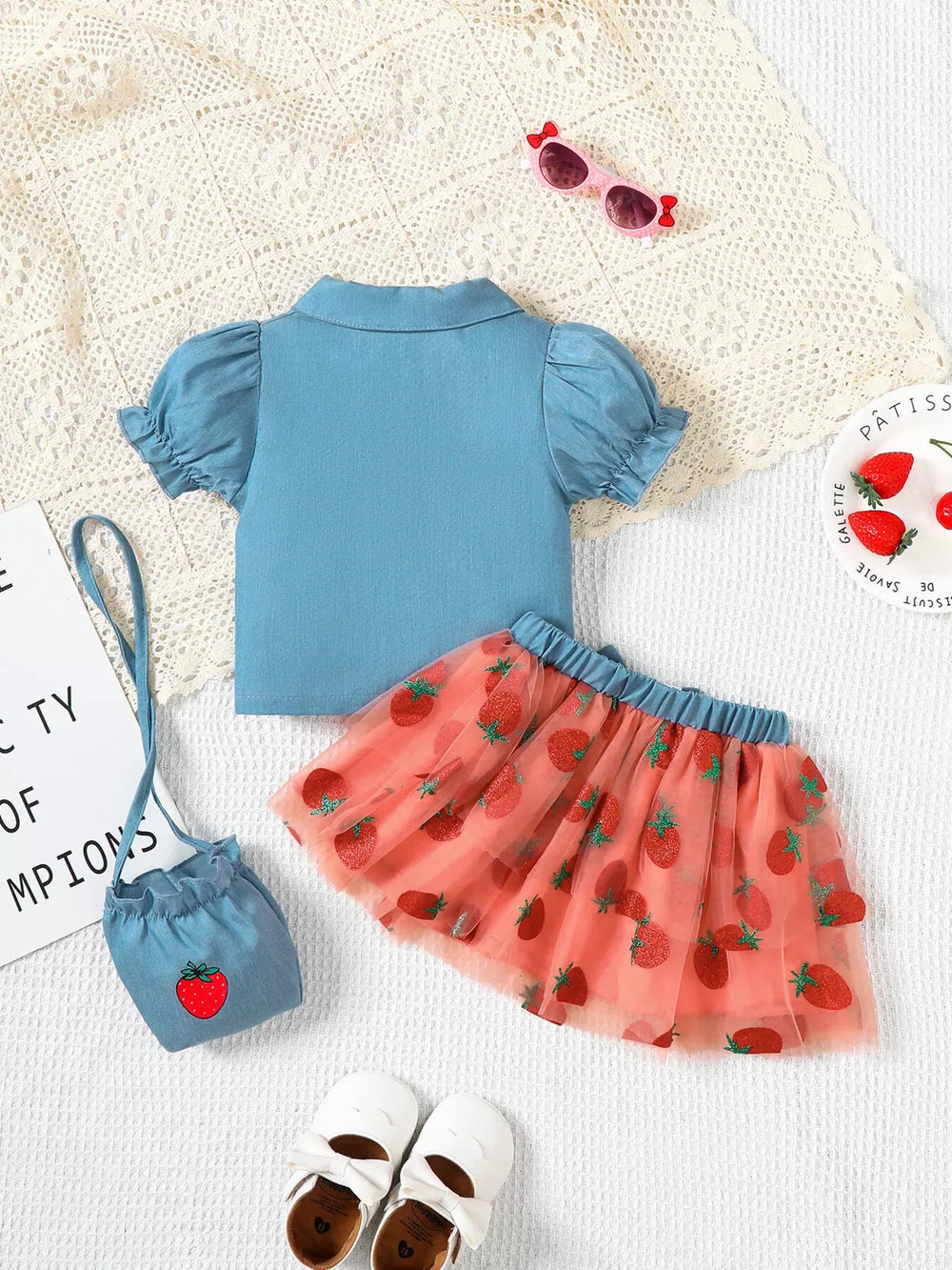 Children's Strawberry Short Sleeve Top and Skirt Set with Bag - Trendsi - Flyclothing LLC
