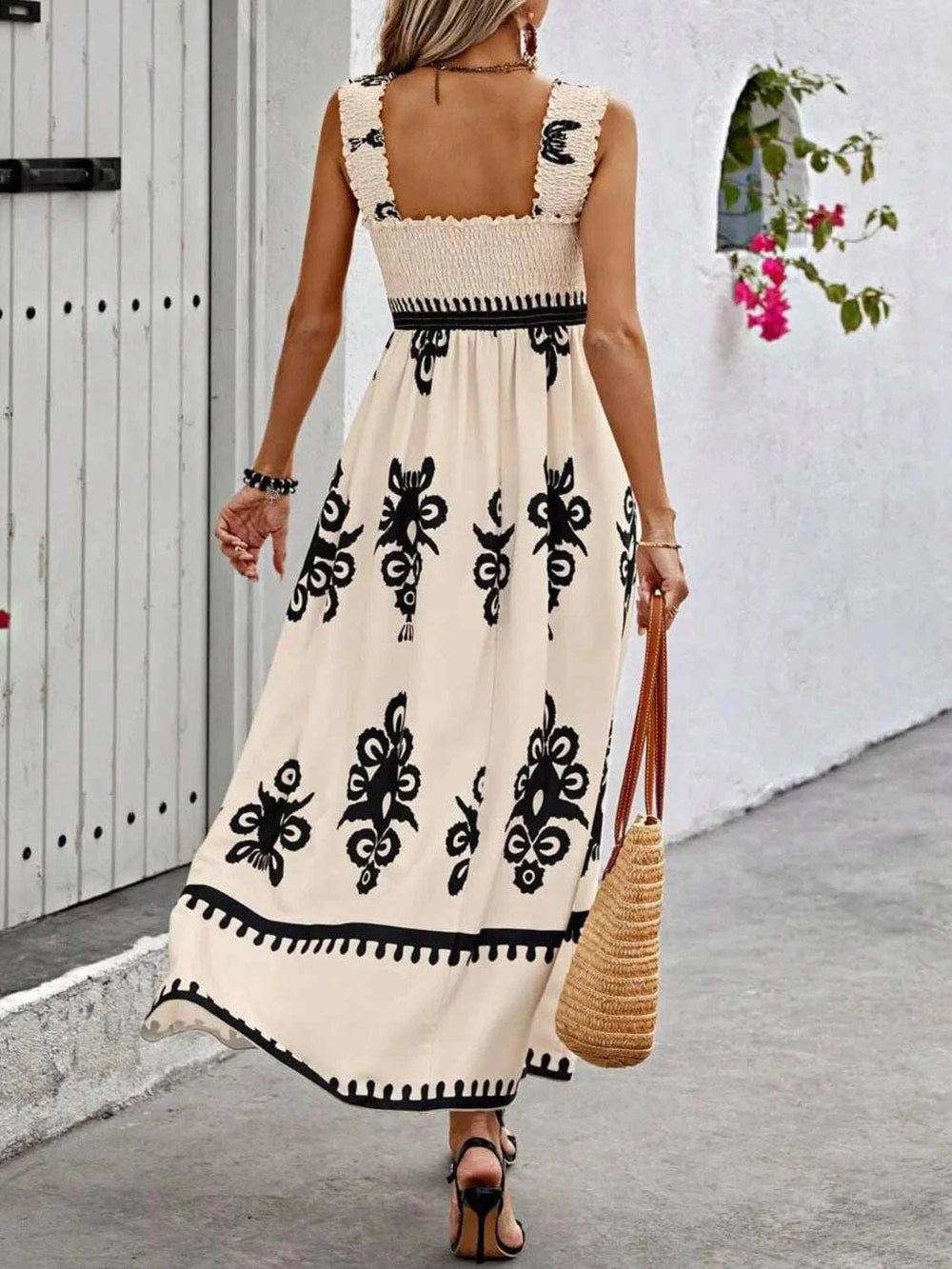 Smocked Printed Wide Strap Maxi Dress - Trendsi - Flyclothing LLC