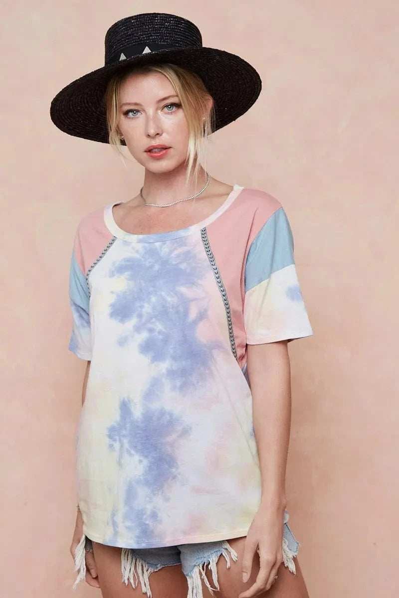 BiBi Tie Dye Printed Cotton Color Block T-Shirt - Trendsi - Flyclothing LLC