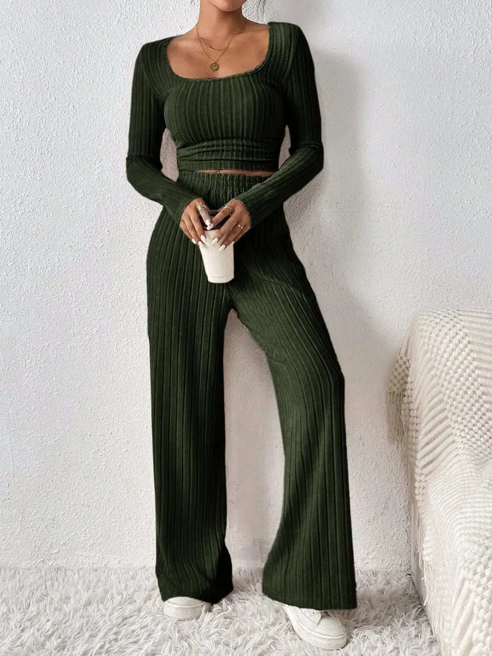 Scoop Neck Long Sleeve Top and Pants Set - Trendsi - Flyclothing LLC