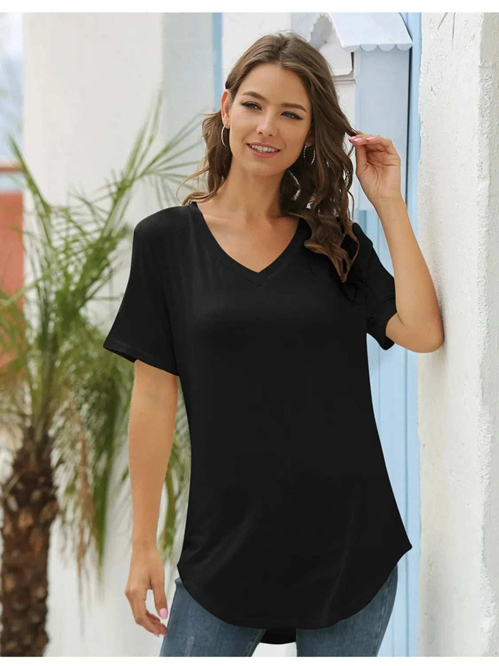 Full Size Solid V-Neck Short Sleeve T-Shirt Plus Size - Trendsi - Flyclothing LLC