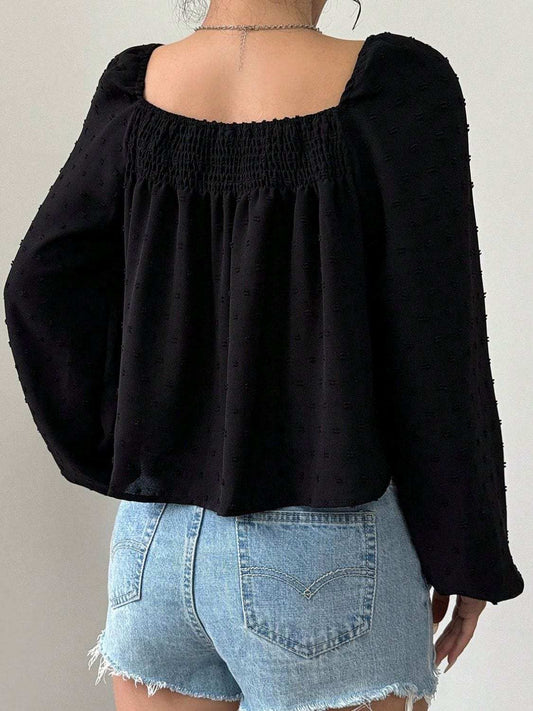 Swiss Dot Square Neck Long Sleeve Blouse - Trendsi - Flyclothing LLC