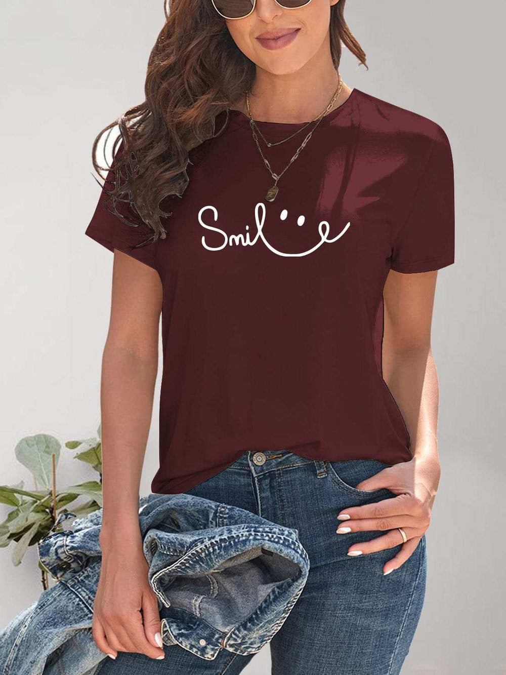 SMILE Round Neck Short Sleeve T-Shirt - Trendsi - Flyclothing LLC