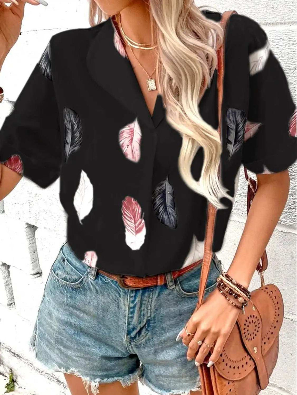 Full Size Printed Collared Neck Short Sleeve Blouse - Trendsi - Flyclothing LLC