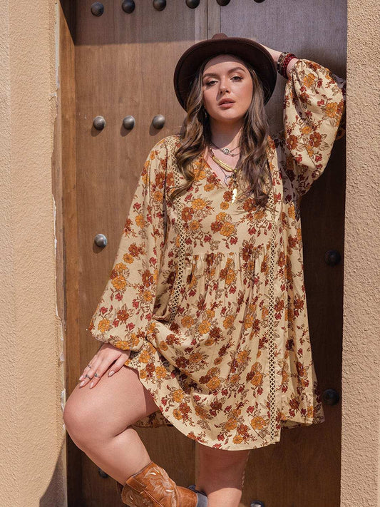 Plus Size Printed V-Neck Balloon Sleeve Mini Dress - Trendsi - Flyclothing LLC
