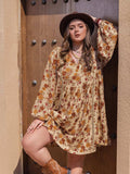 Plus Size Printed V-Neck Balloon Sleeve Mini Dress - Trendsi - Flyclothing LLC