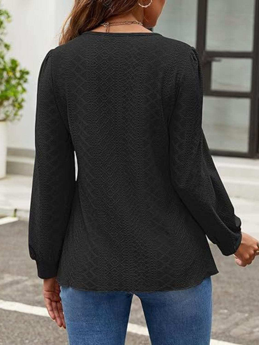 Eyelet Round Neck Long Sleeve Top - Trendsi - Flyclothing LLC