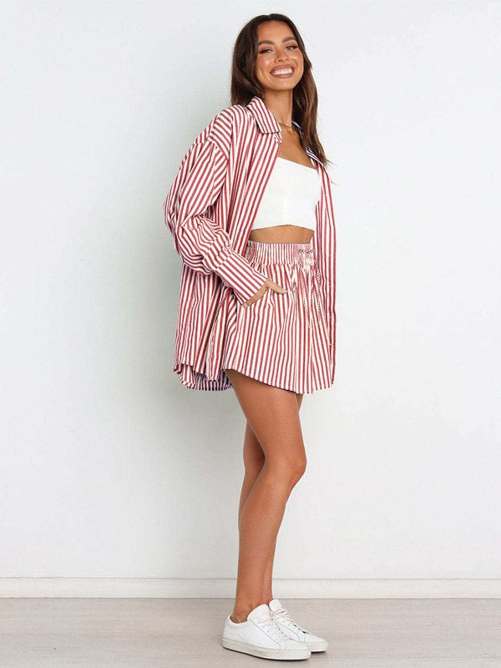 Striped Dropped Shoulder Shirt and Shorts Set - Trendsi - Flyclothing LLC