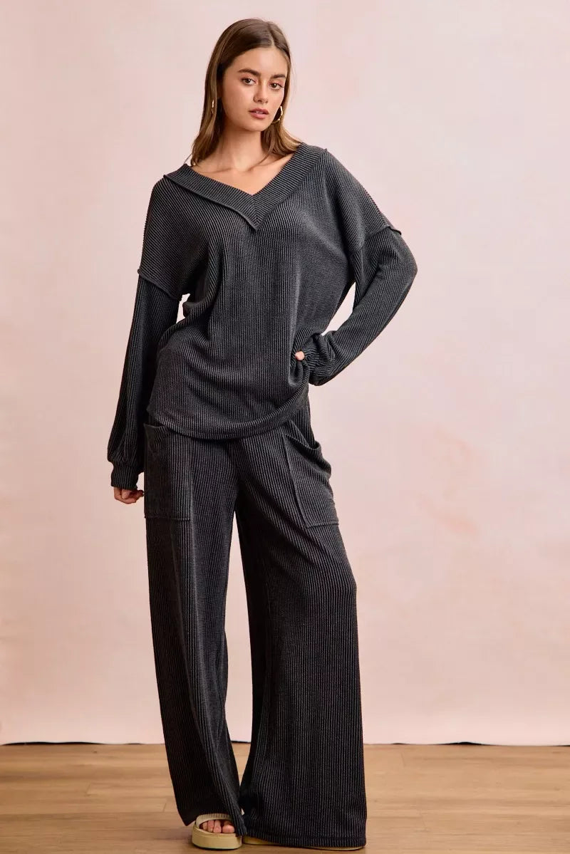 BiBi Two Tone Cord Rib Contrast Stitching V-Neck Top and Pants Set - Trendsi - Flyclothing LLC