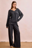 BiBi Two Tone Cord Rib Contrast Stitching V-Neck Top and Pants Set - Trendsi - Flyclothing LLC